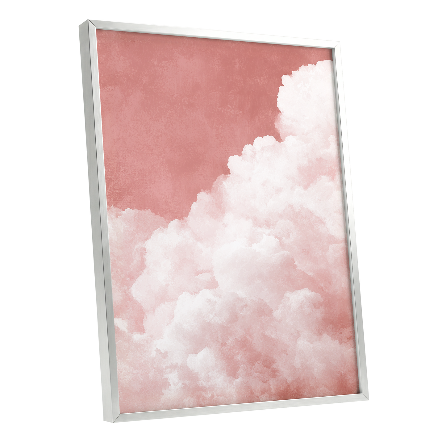 Rosewater Cloud Ascent, pink, white, beige nature wall art shown as a silver framed poster wall art print