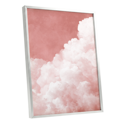 Rosewater Cloud Ascent, pink, white, beige nature wall art shown as a silver framed poster wall art print