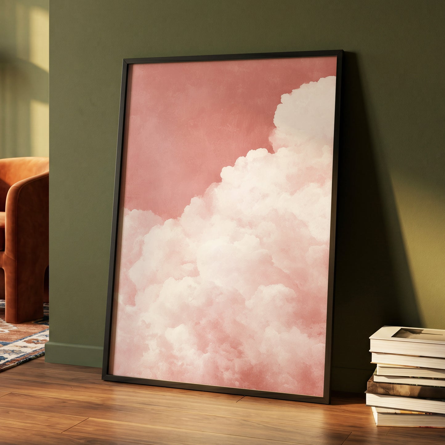 Rosewater Cloud Ascent, pink, white, beige nature wall art displayed in a styled interior, gallery view 2