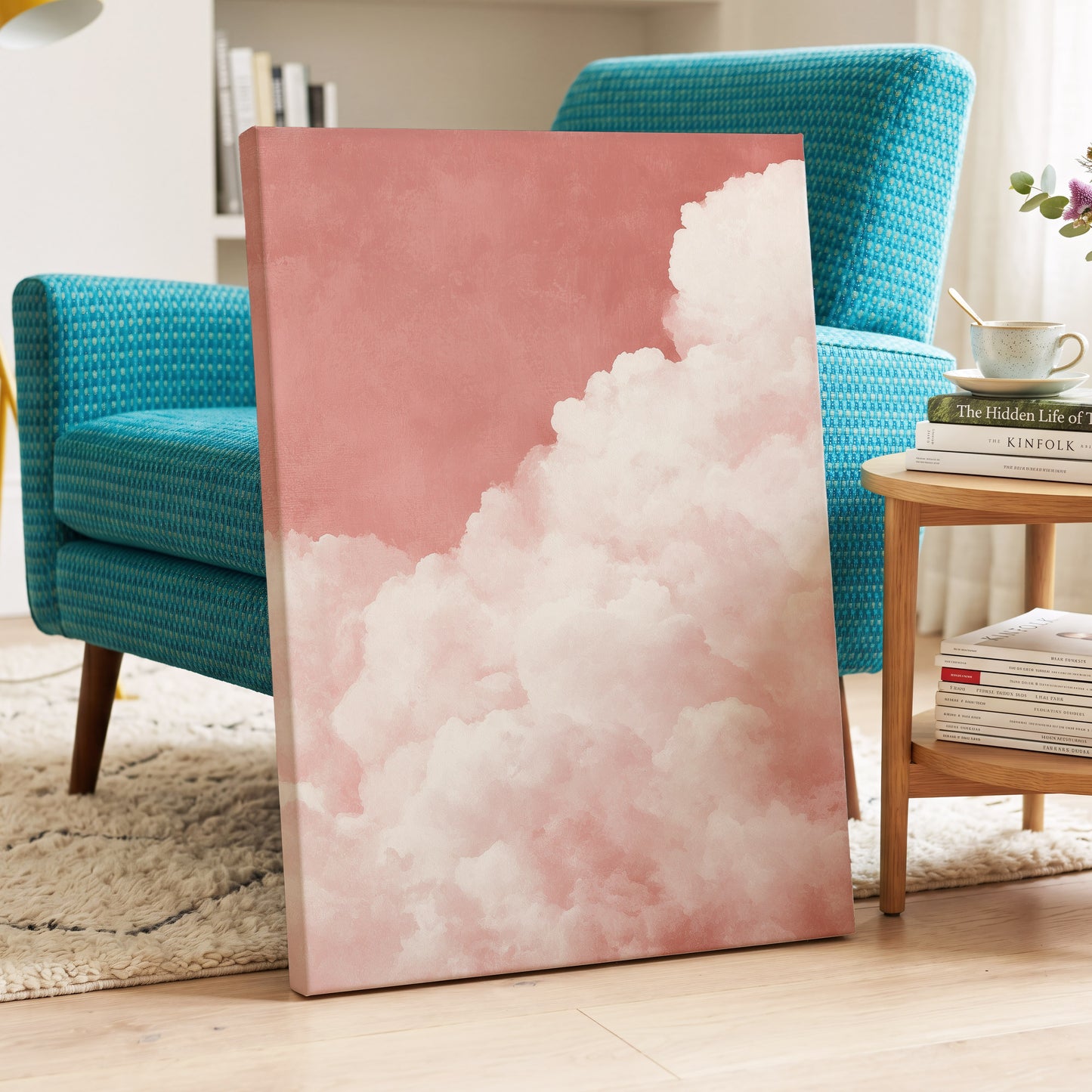 Rosewater Cloud Ascent, pink, white, beige nature wall art displayed in a styled interior, gallery view 3
