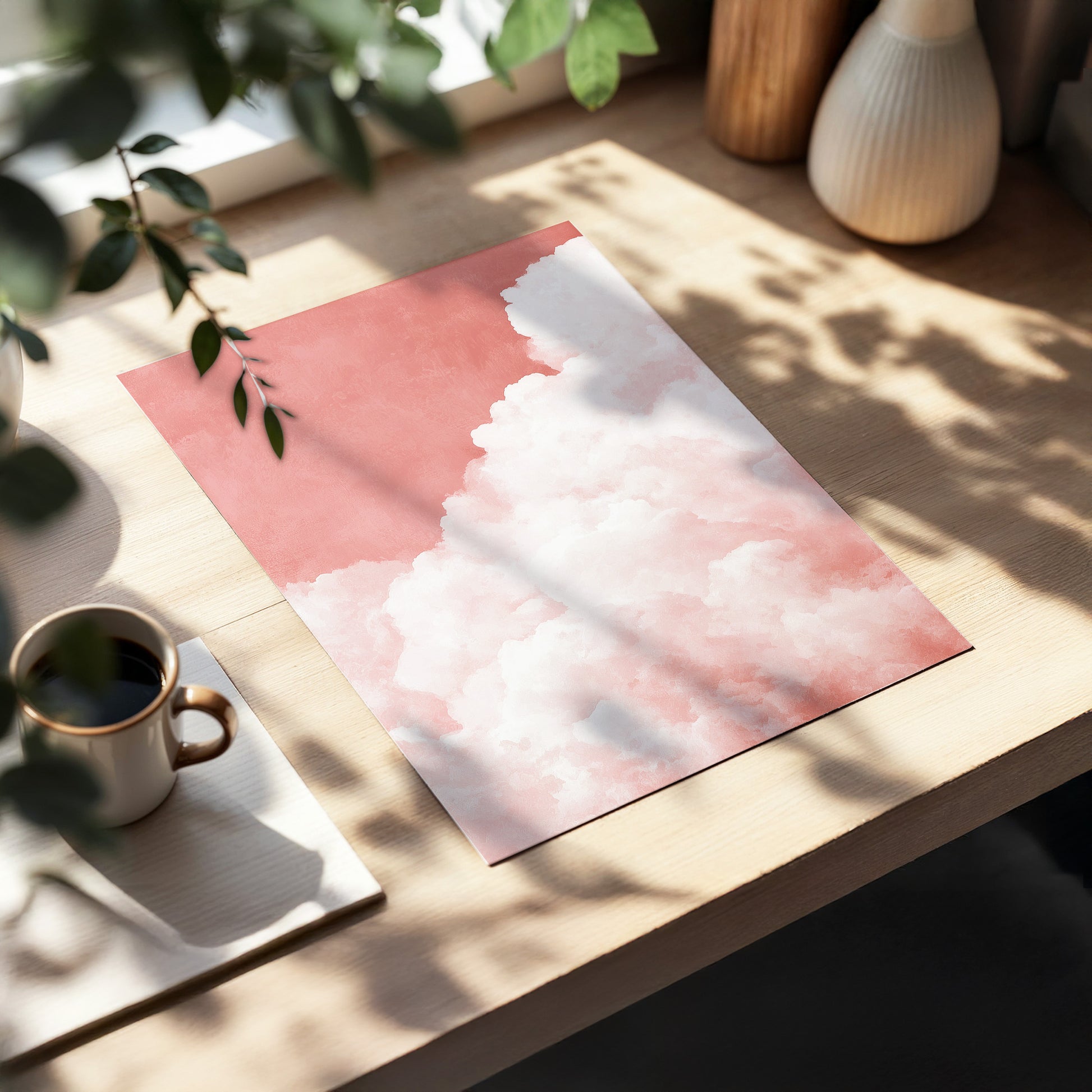 Rosewater Cloud Ascent, pink, white, beige nature wall art displayed in a styled interior, gallery view 5