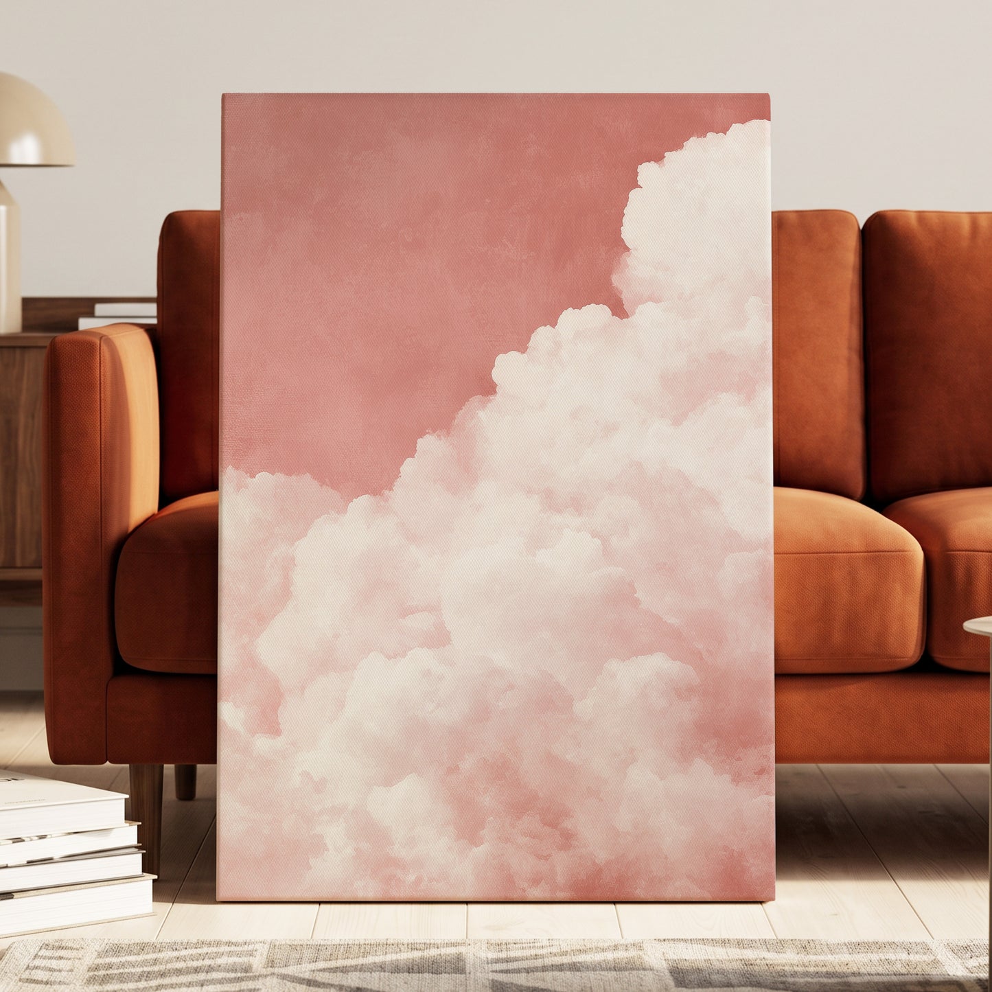 Rosewater Cloud Ascent, pink, white, beige nature wall art displayed in a styled interior, gallery view 7