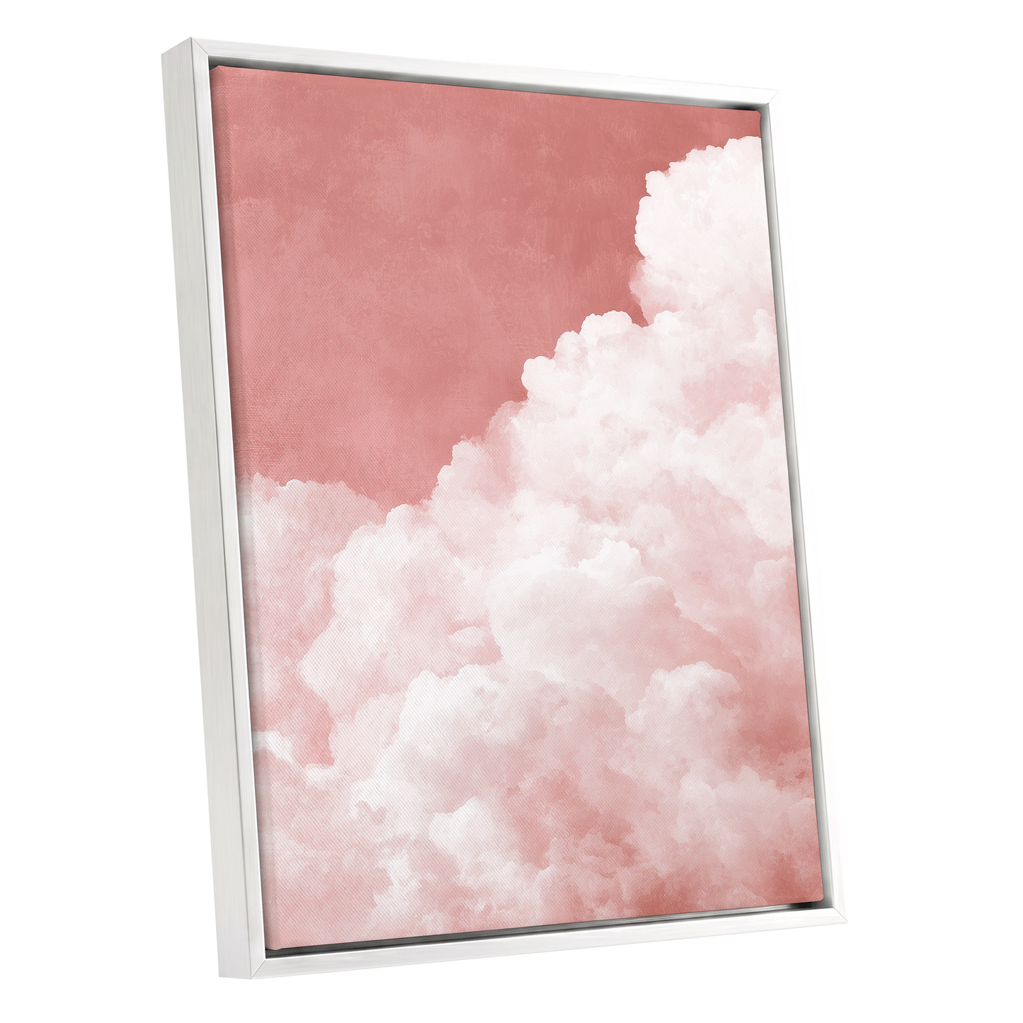 Rosewater Cloud Ascent, pink, white, beige nature wall art shown as a white framed canvas wall art