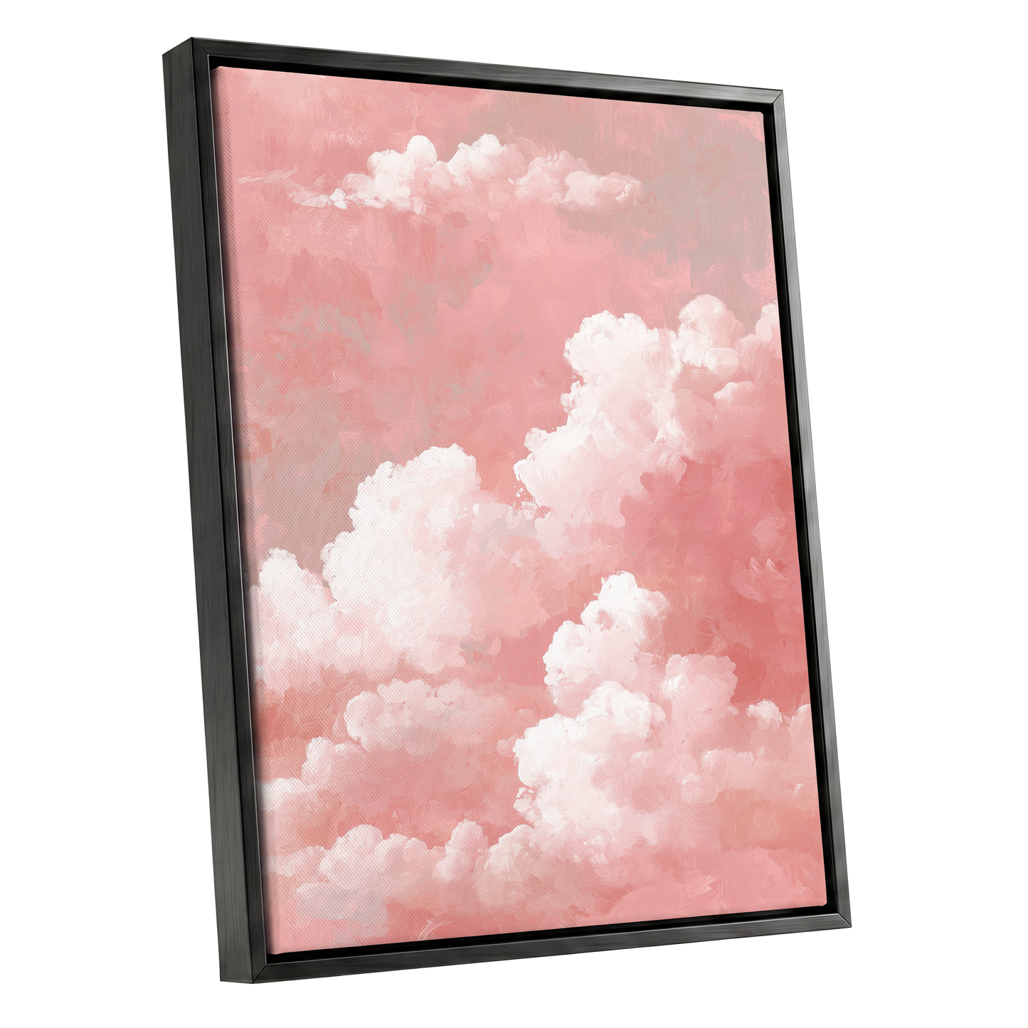 Rosewater Cloudscape, pink, white, gray nature wall art shown as a black framed canvas wall art