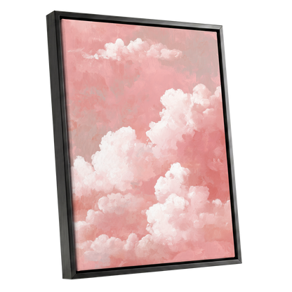 Rosewater Cloudscape, pink, white, gray nature wall art shown as a black framed canvas wall art