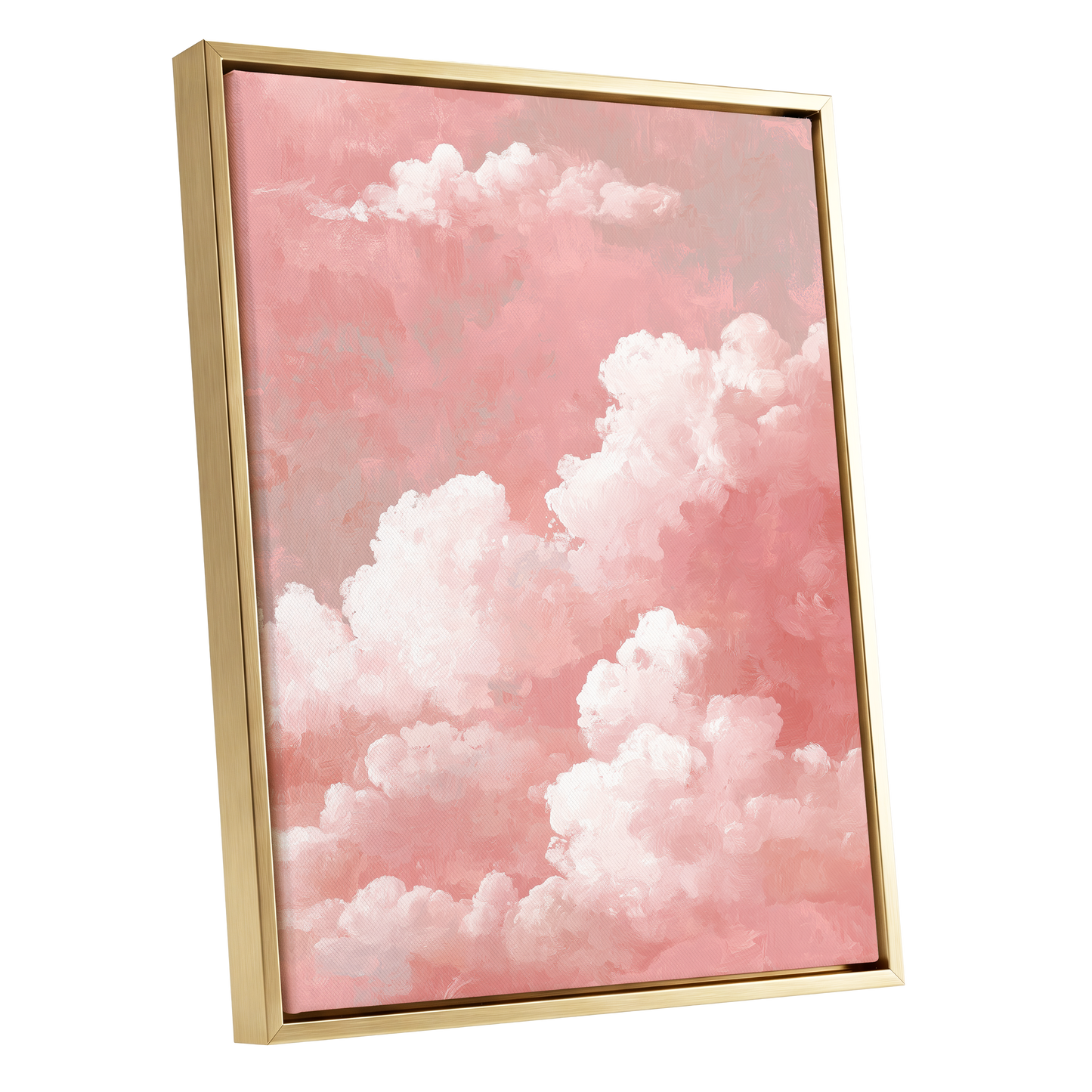 Rosewater Cloudscape, pink, white, gray nature wall art shown as a gold framed canvas wall art