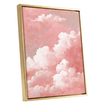 Rosewater Cloudscape, pink, white, gray nature wall art shown as a gold framed canvas wall art
