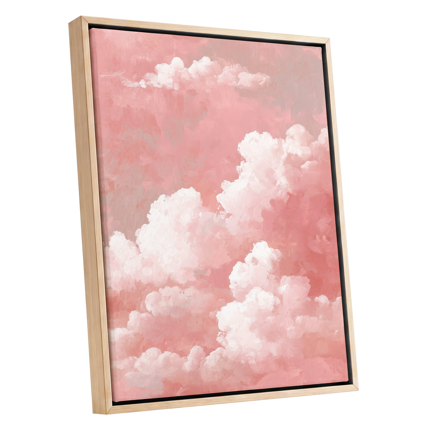 Rosewater Cloudscape, pink, white, gray nature wall art shown as a oak framed canvas wall art