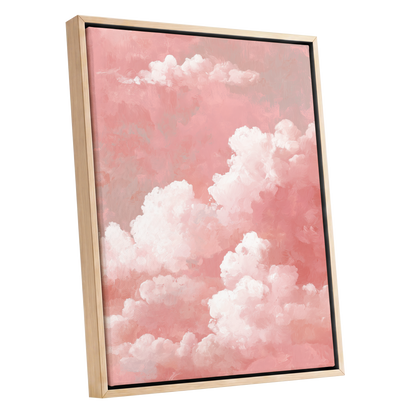 Rosewater Cloudscape, pink, white, gray nature wall art shown as a oak framed canvas wall art