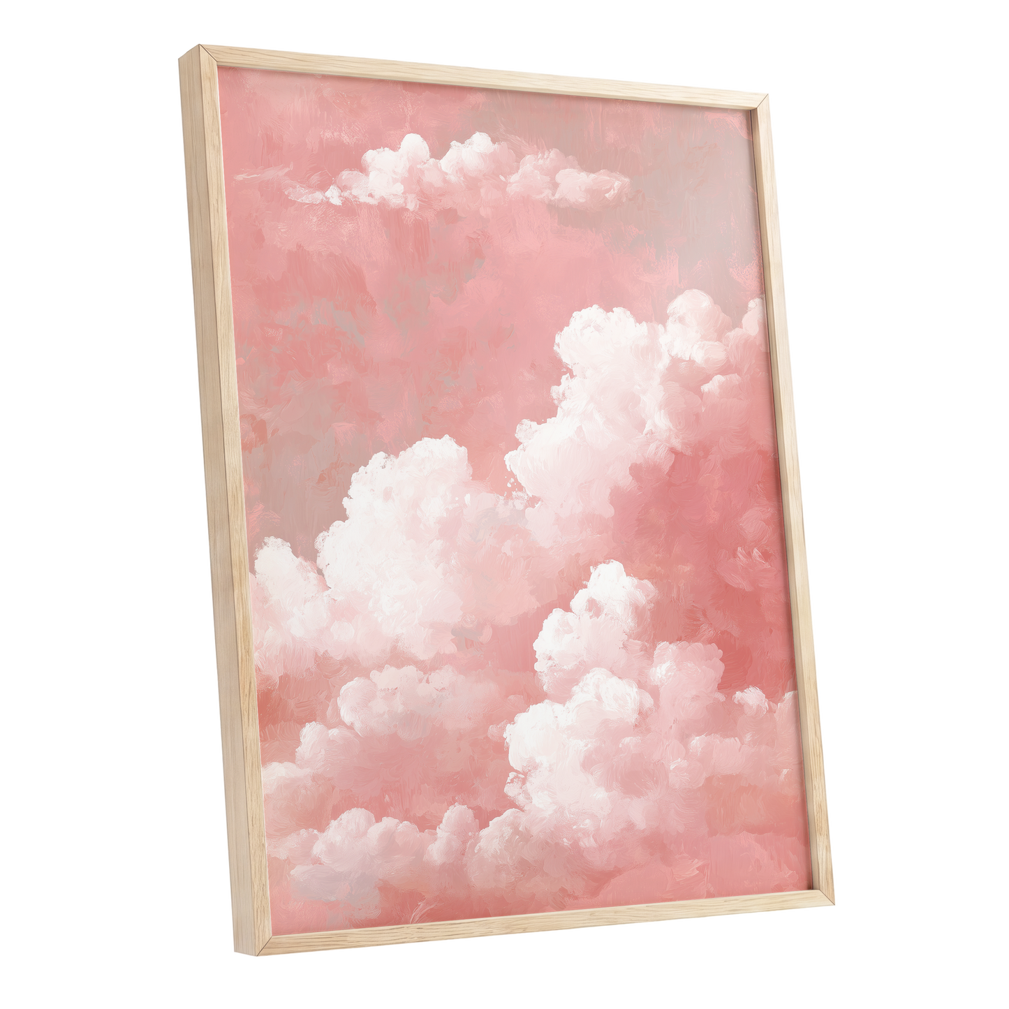 Rosewater Cloudscape, pink, white, gray nature wall art shown as a oak framed poster wall art print