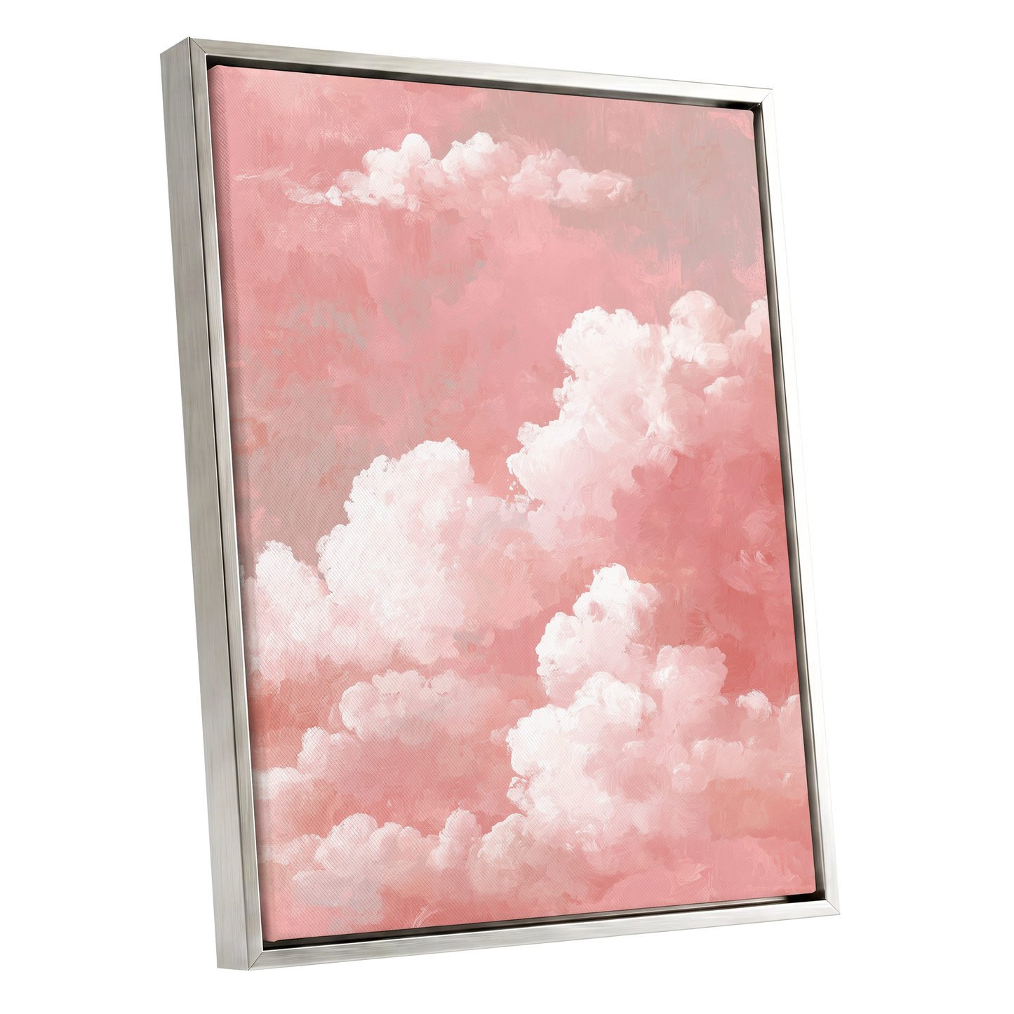 Rosewater Cloudscape, pink, white, gray nature wall art shown as a silver framed canvas wall art