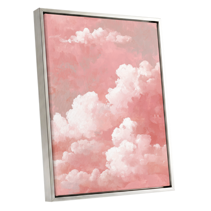 Rosewater Cloudscape, pink, white, gray nature wall art shown as a silver framed canvas wall art