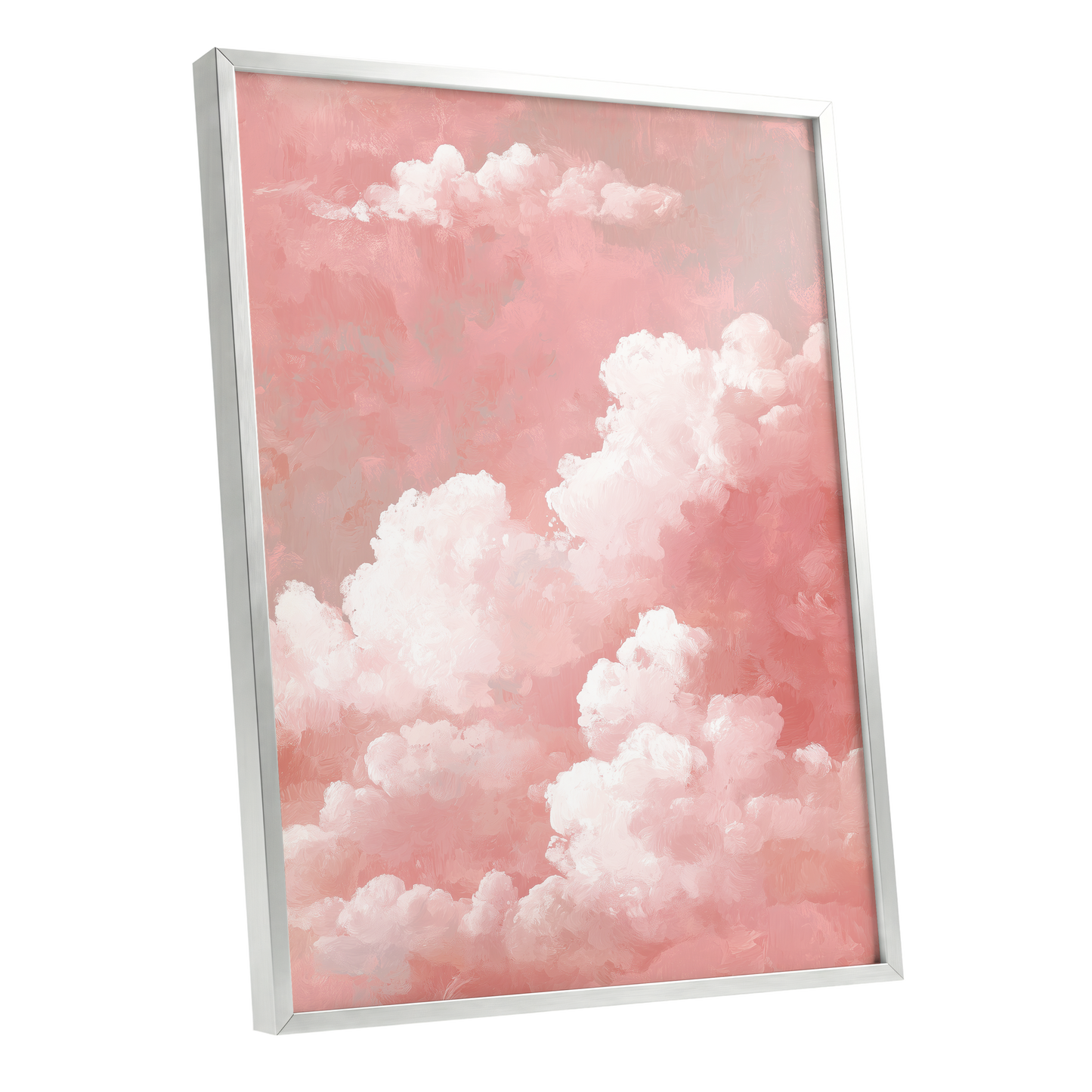 Rosewater Cloudscape, pink, white, gray nature wall art shown as a silver framed poster wall art print
