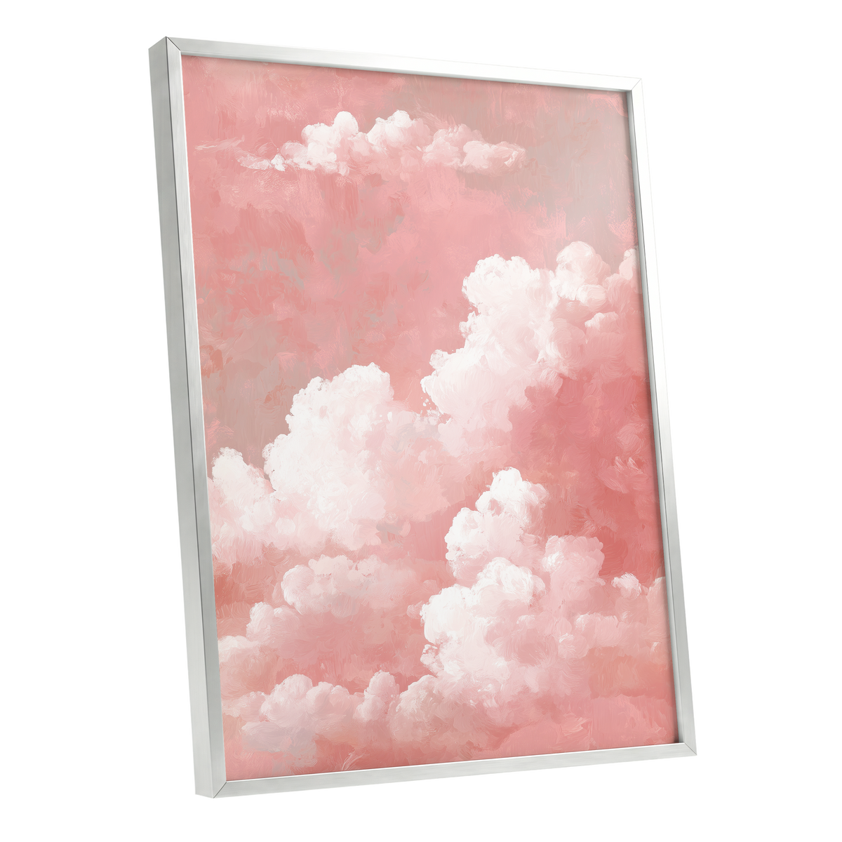 Rosewater Cloudscape, pink, white, gray nature wall art shown as a silver framed poster wall art print