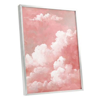 Rosewater Cloudscape, pink, white, gray nature wall art shown as a silver framed poster wall art print