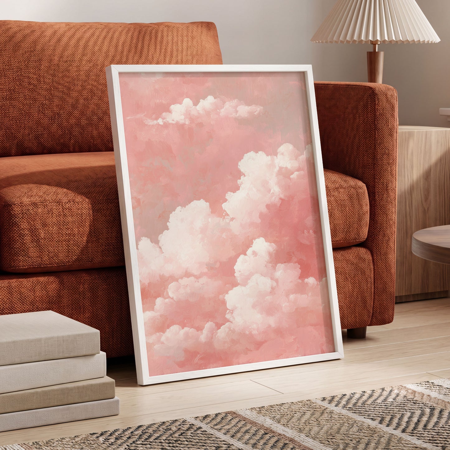 Rosewater Cloudscape, pink, white, gray nature wall art displayed in a styled interior, gallery view 2