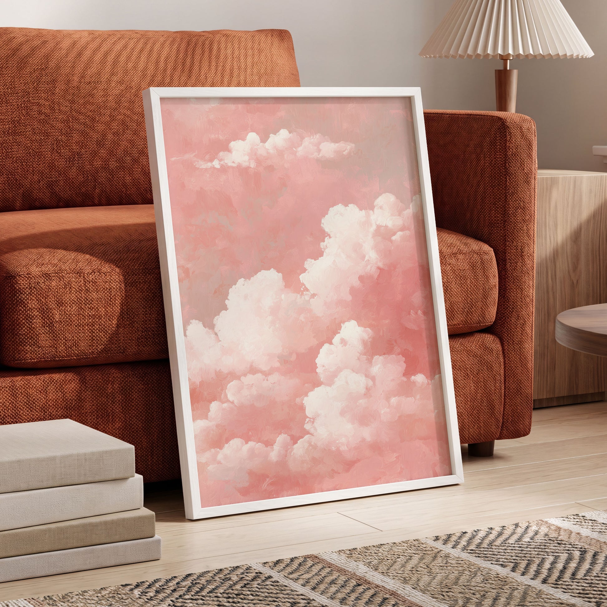 Rosewater Cloudscape, pink, white, gray nature wall art displayed in a styled interior, gallery view 2