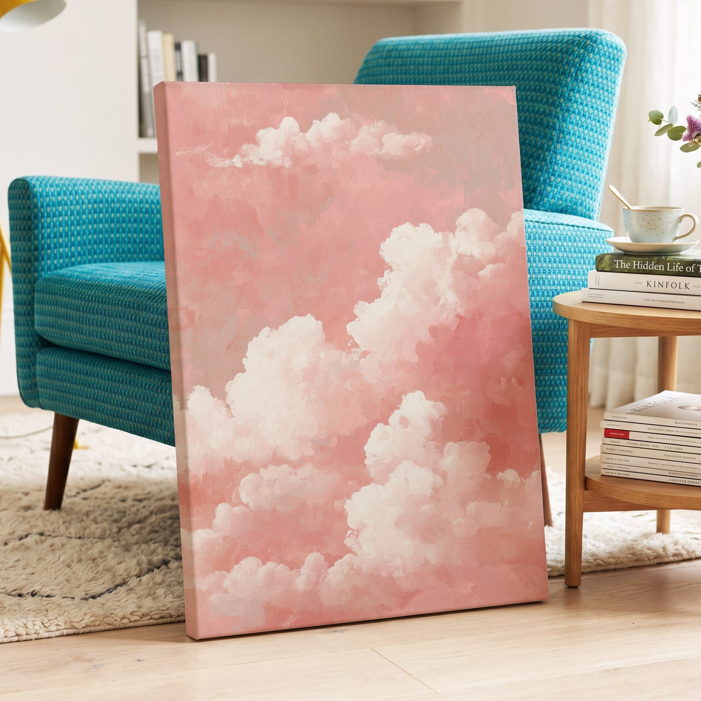 Rosewater Cloudscape, pink, white, gray nature wall art displayed in a styled interior, gallery view 3