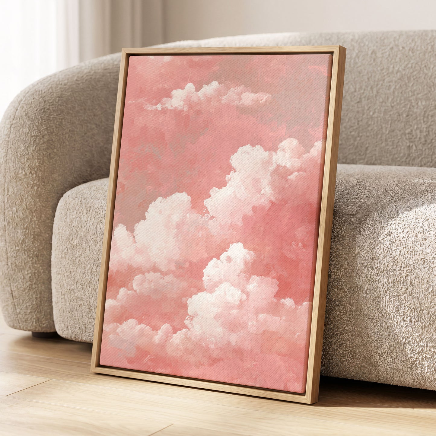 Rosewater Cloudscape, pink, white, gray nature wall art displayed in a styled interior, gallery view 4