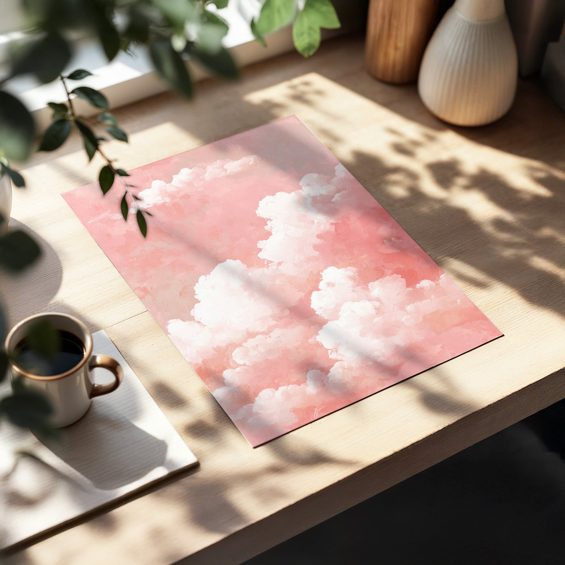 Rosewater Cloudscape, pink, white, gray nature wall art displayed in a styled interior, gallery view 5