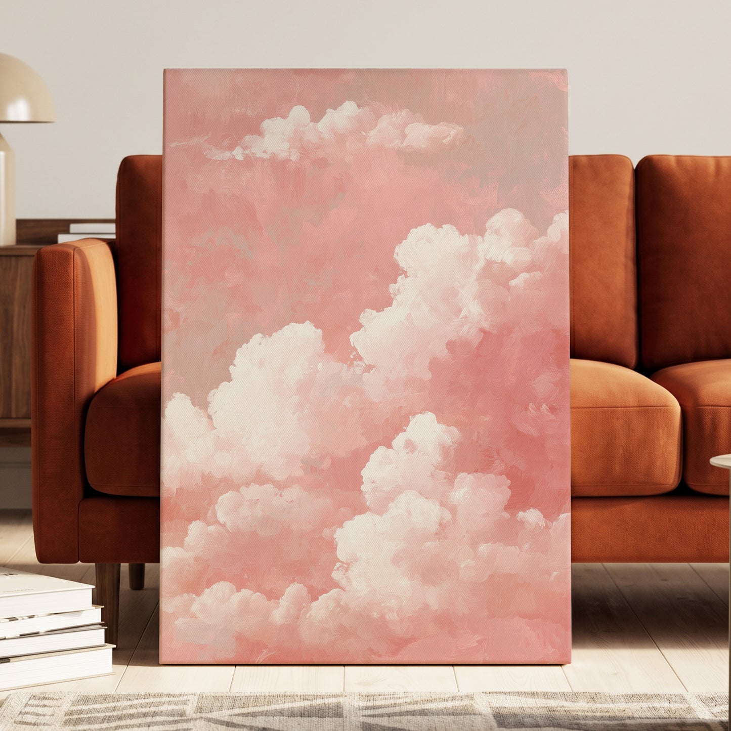 Rosewater Cloudscape, pink, white, gray nature wall art displayed in a styled interior, gallery view 7