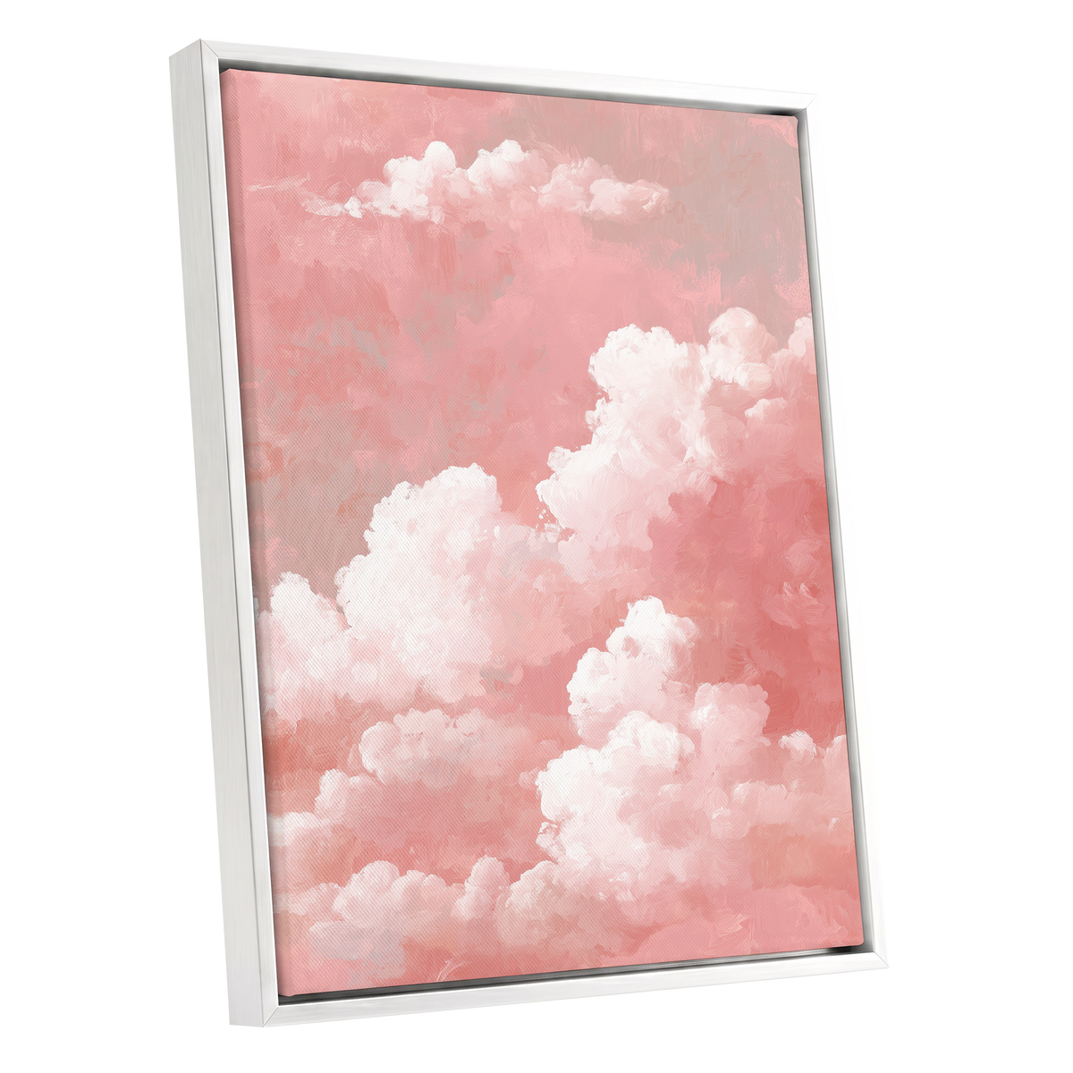 Rosewater Cloudscape, pink, white, gray nature wall art shown as a white framed canvas wall art
