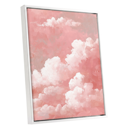 Rosewater Cloudscape, pink, white, gray nature wall art shown as a white framed canvas wall art