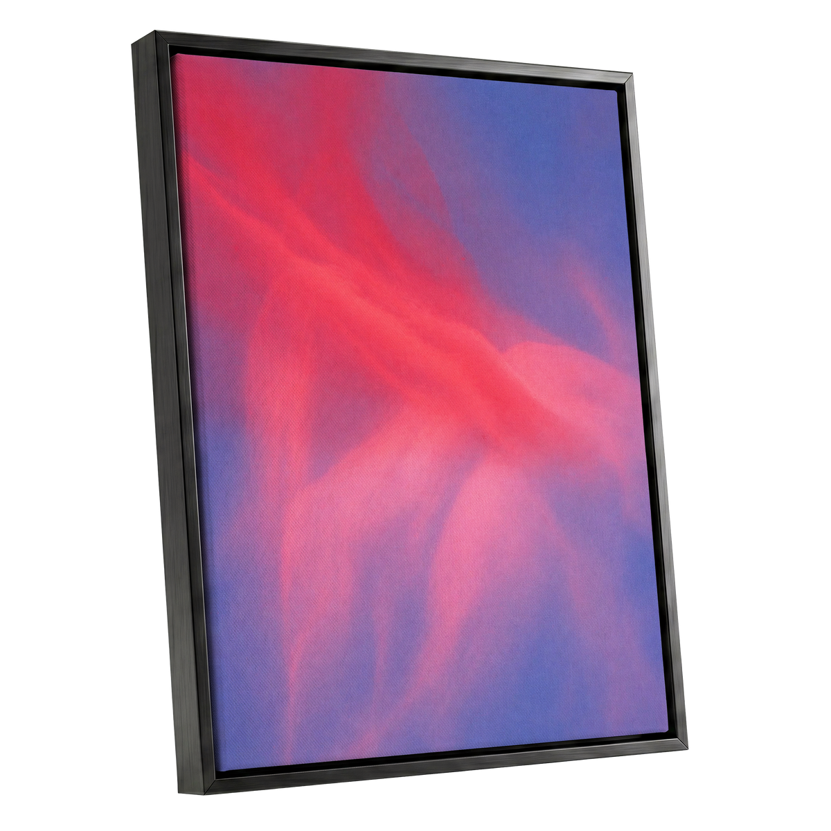 Rosewater Drift, pink, red, blue abstract wall art shown as a black framed canvas wall art
