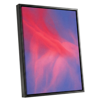 Rosewater Drift, pink, red, blue abstract wall art shown as a black framed canvas wall art