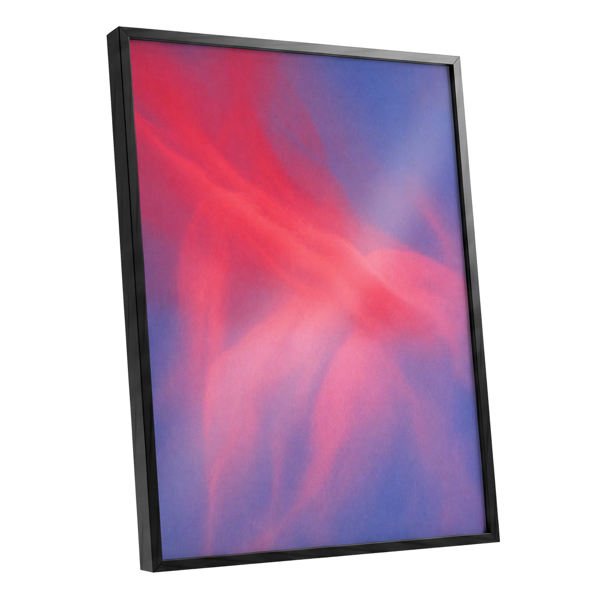 Rosewater Drift, pink, red, blue abstract wall art shown as a black framed poster wall art print