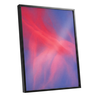 Rosewater Drift, pink, red, blue abstract wall art shown as a black framed poster wall art print