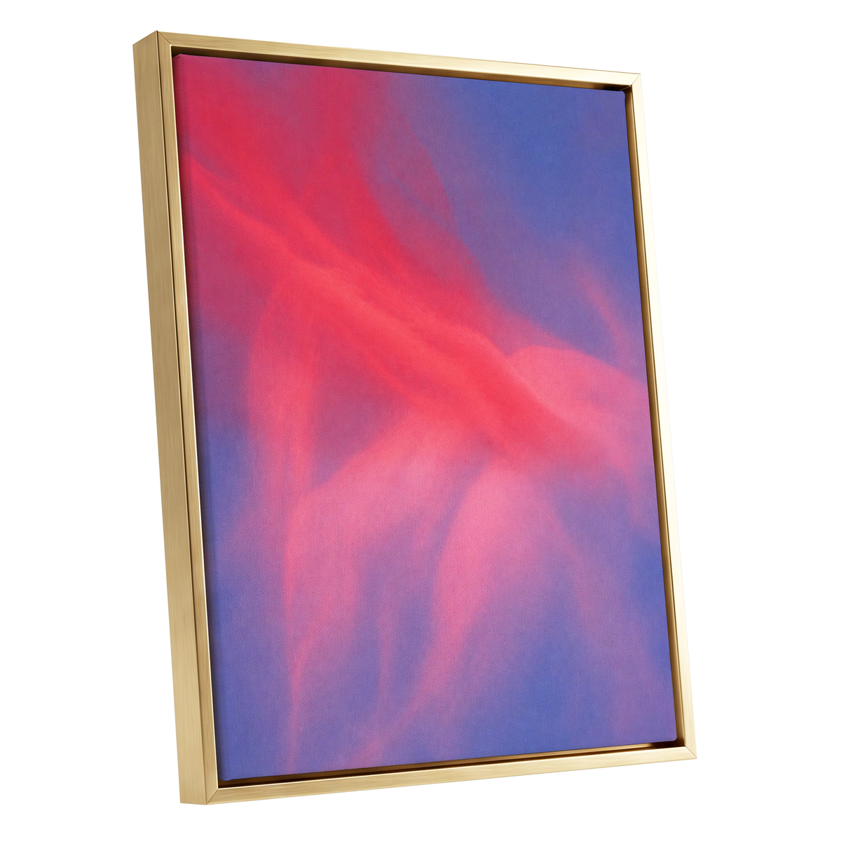 Rosewater Drift, pink, red, blue abstract wall art shown as a gold framed canvas wall art