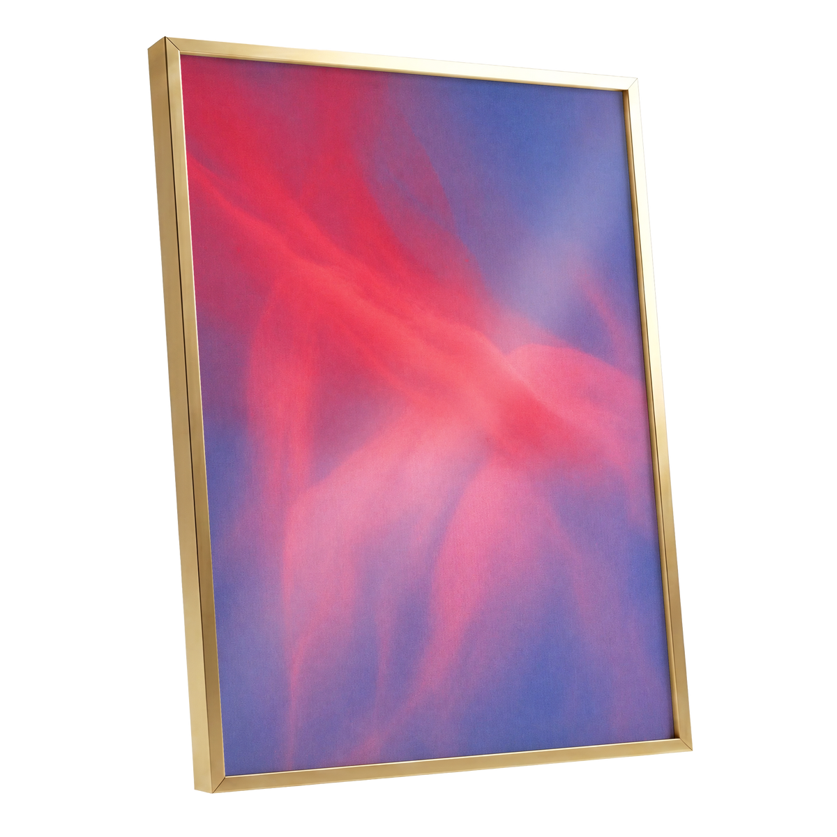 Rosewater Drift, pink, red, blue abstract wall art shown as a gold framed poster wall art print