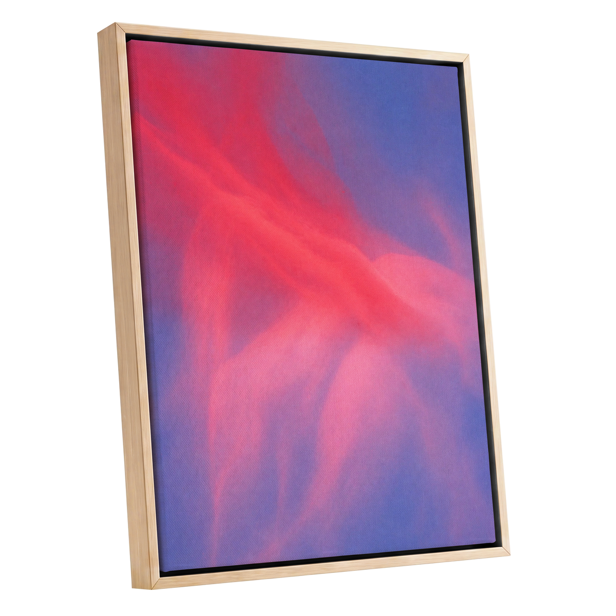 Rosewater Drift, pink, red, blue abstract wall art shown as a oak framed canvas wall art