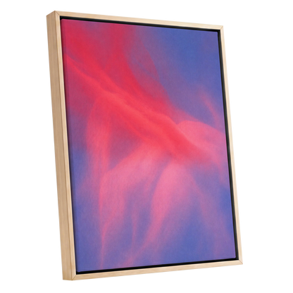 Rosewater Drift, pink, red, blue abstract wall art shown as a oak framed canvas wall art