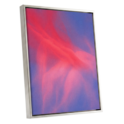 Rosewater Drift, pink, red, blue abstract wall art shown as a silver framed canvas wall art