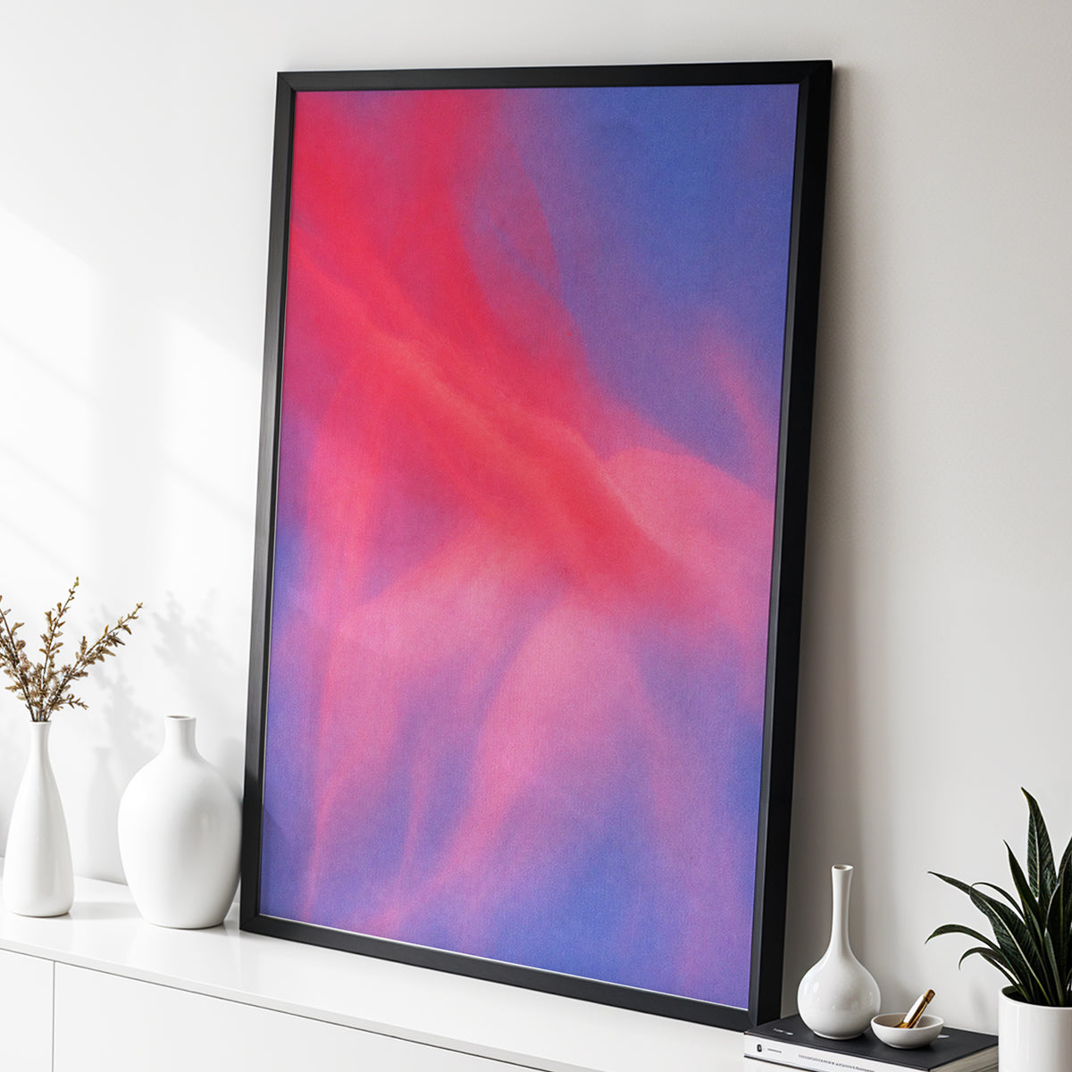 Rosewater Drift, pink, red, blue abstract wall art displayed in a styled interior, gallery view 2