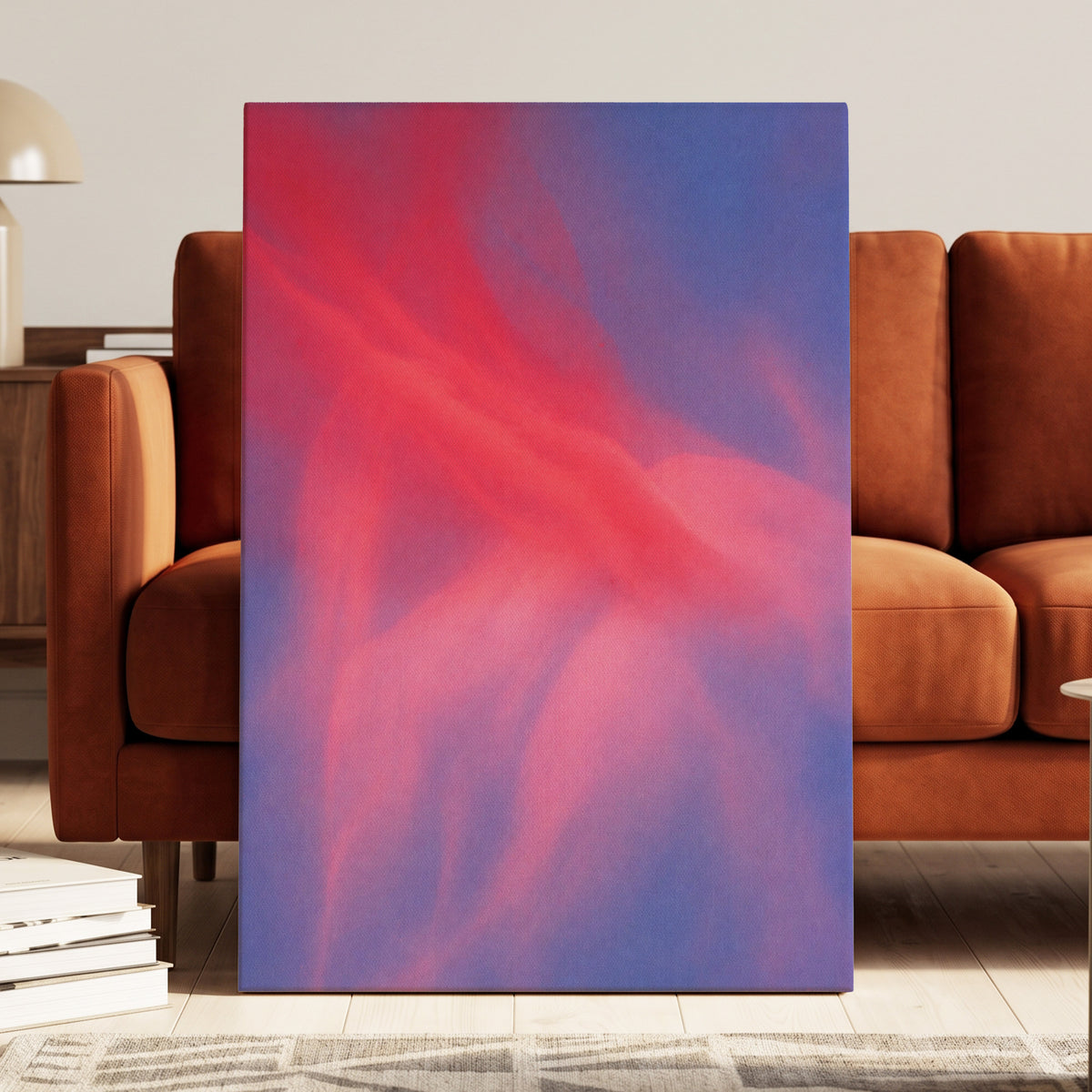 Rosewater Drift, pink, red, blue abstract wall art displayed in a styled interior, gallery view 3