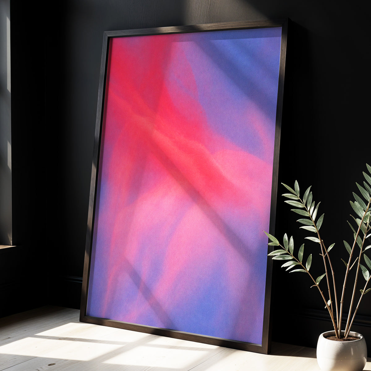 Rosewater Drift, pink, red, blue abstract wall art displayed in a styled interior, gallery view 6