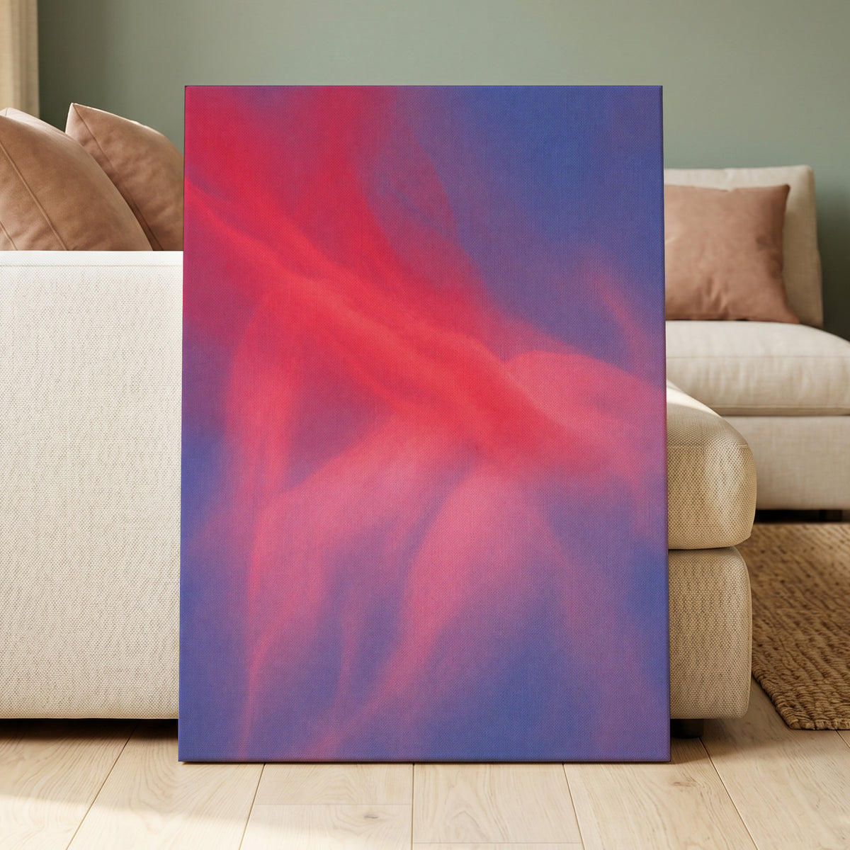 Rosewater Drift, pink, red, blue abstract wall art displayed in a styled interior, gallery view 7