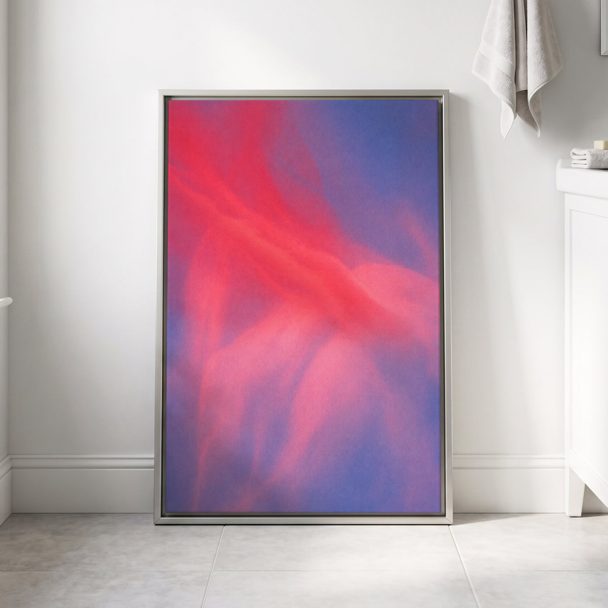Rosewater Drift, pink, red, blue abstract wall art displayed in a styled interior, gallery view 8