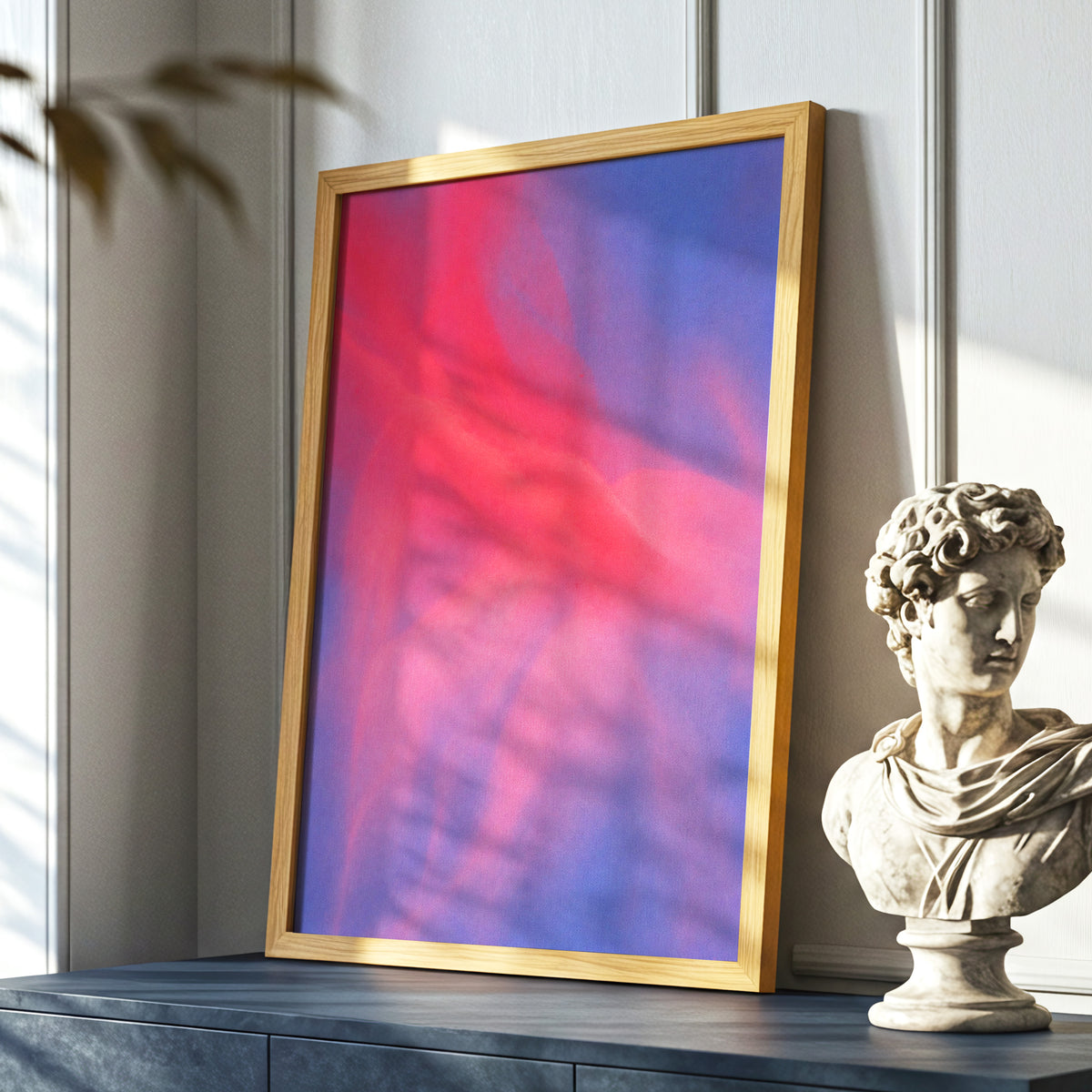 Rosewater Drift, pink, red, blue abstract wall art displayed in a styled interior, gallery view 9