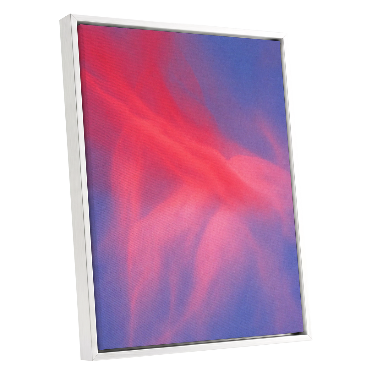 Rosewater Drift, pink, red, blue abstract wall art shown as a white framed canvas wall art