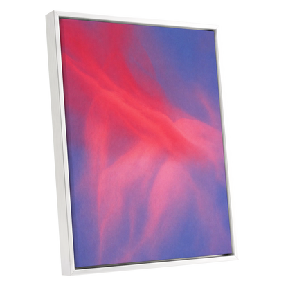 Rosewater Drift, pink, red, blue abstract wall art shown as a white framed canvas wall art