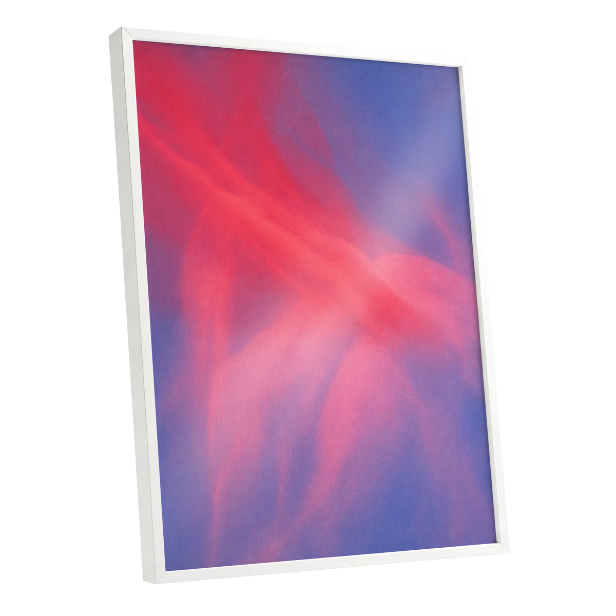 Rosewater Drift, pink, red, blue abstract wall art shown as a white framed poster wall art print
