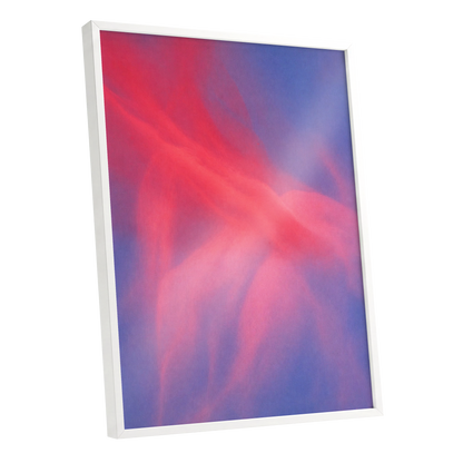Rosewater Drift, pink, red, blue abstract wall art shown as a white framed poster wall art print