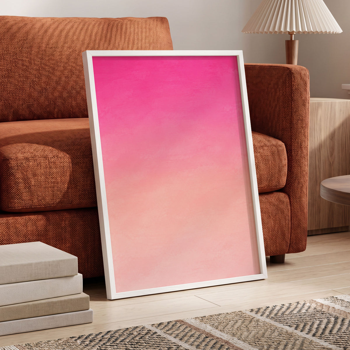 Rosewater Fade, pink, orange, beige abstract wall art displayed in a styled interior, gallery view 6