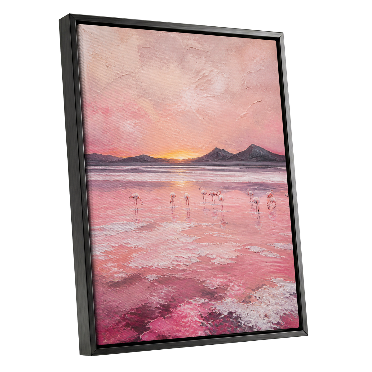 Rosewater Flamingos, pink, gray, orange nature wall art shown as a black framed canvas wall art
