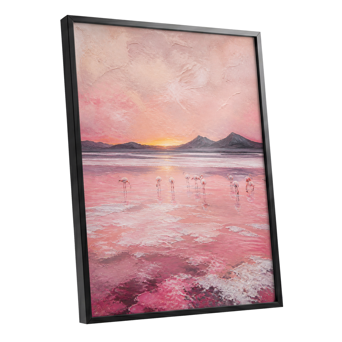 Rosewater Flamingos, pink, gray, orange nature wall art shown as a black framed poster wall art print