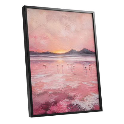 Rosewater Flamingos, pink, gray, orange nature wall art shown as a black framed poster wall art print
